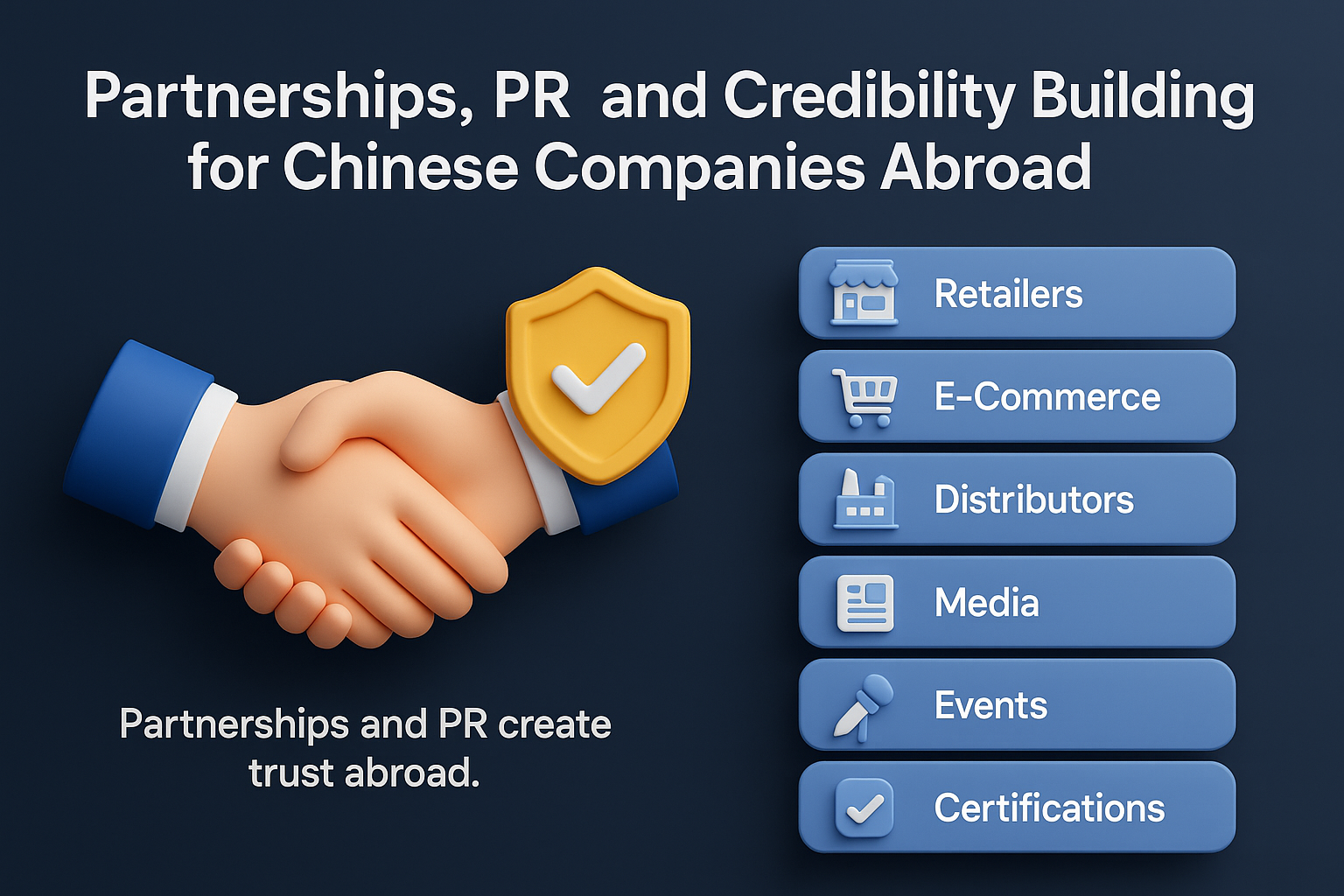 infographic on partnerships, PR, and credibility for Chinese companies abroad, featuring icons for retailers, e-commerce, distributors, media, events, and certifications.