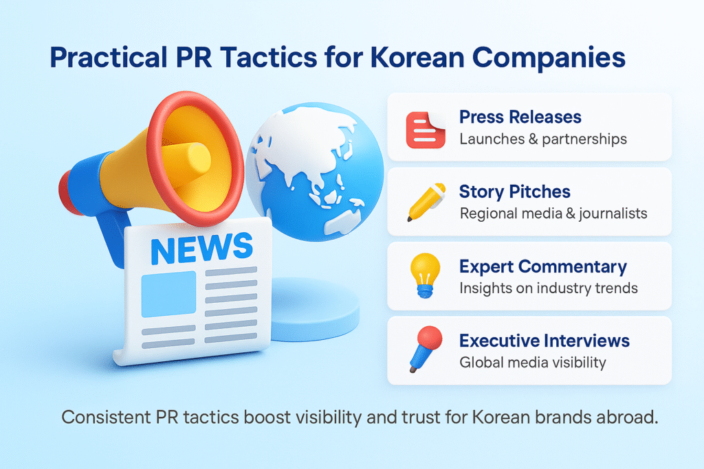 infographic on practical PR tactics for Korean companies, featuring press releases, story pitches, expert commentary, and executive interviews.