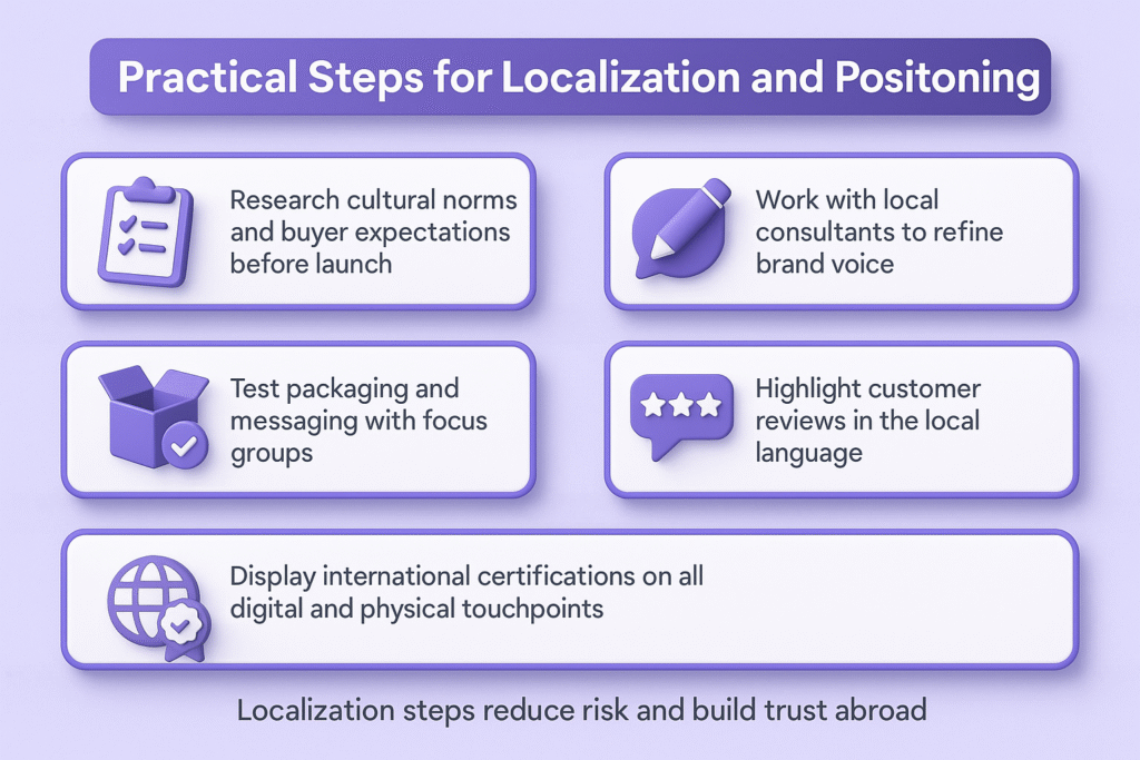 infographic on final thoughts for localization and positioning, featuring localization, positioning, and trust with globe and handshake icons.