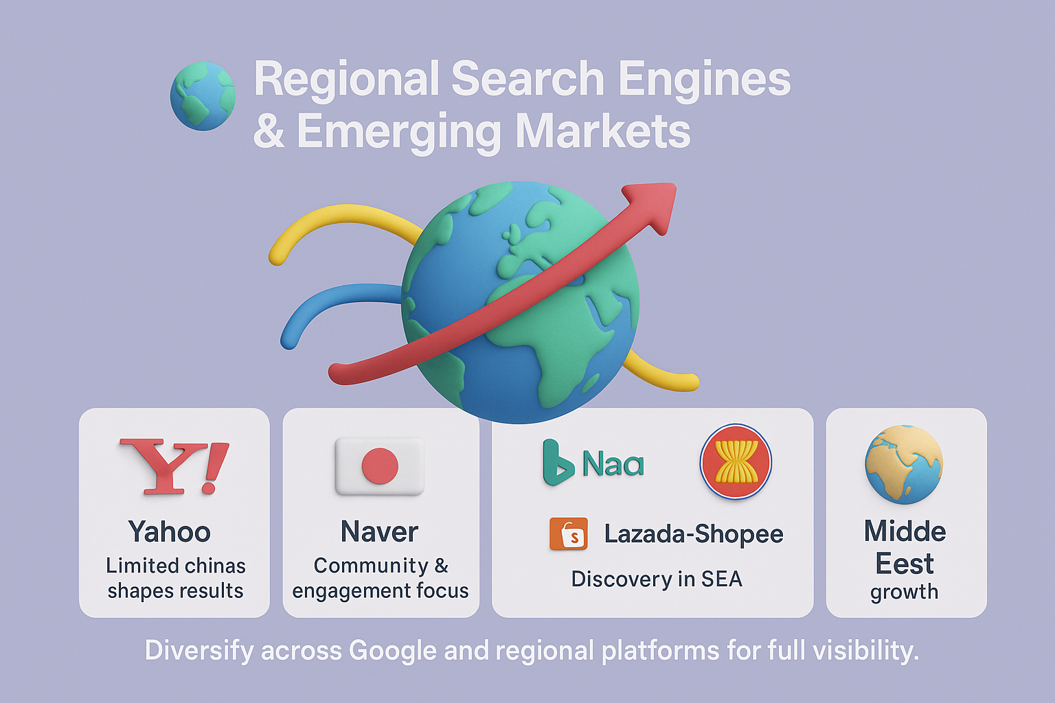 infographic on regional search engines and emerging markets, featuring Yahoo Japan, Naver, Lazada-Shopee, and Middle East growth.