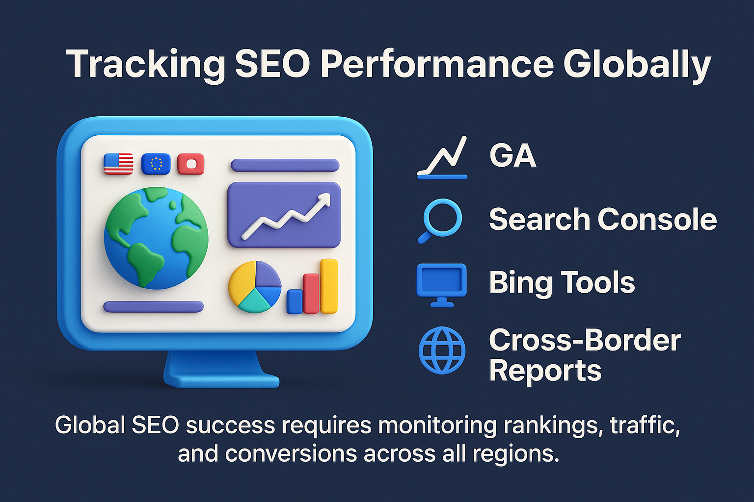 infographic on tracking SEO performance globally, showing GA, Search Console, Bing Tools, and cross-border reports with analytics dashboard.