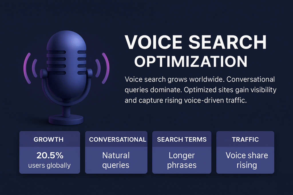 infographic on voice search optimization with microphone icon, title, and blocks showing growth, conversational queries, terms, and traffic.
