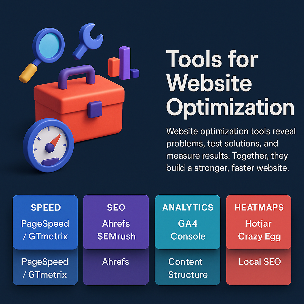infographic on website optimization tools with toolbox icon and boxes for speed, SEO, analytics, and heatmaps like Hotjar, GA4, Ahrefs.