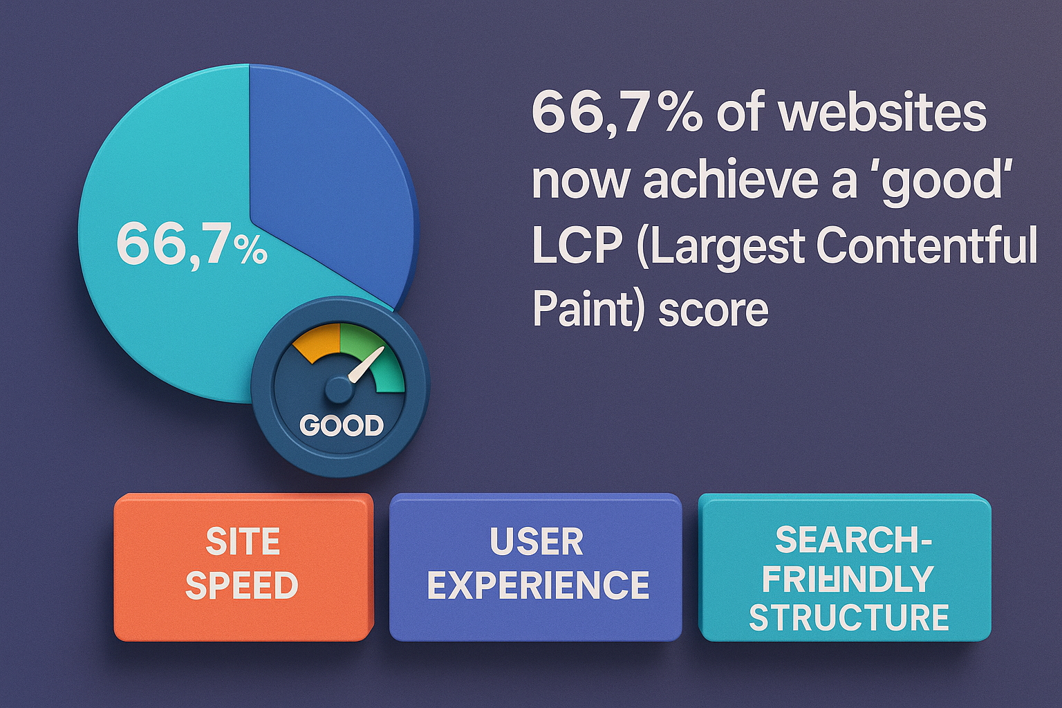 infographic showing 66.7% websites achieve good LCP score with pie chart, gauge, and aligned boxes for speed, UX, structure.
