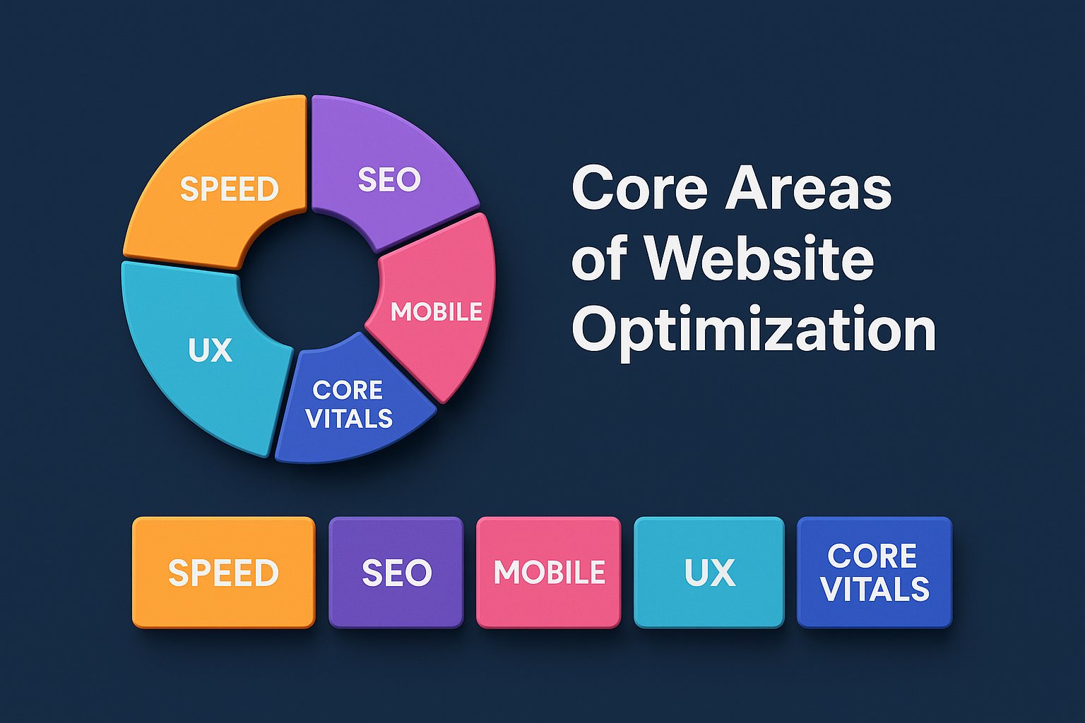 infographic showing core areas of website optimization with pie chart and aligned blocks for speed, SEO, mobile, UX, and core vitals.
