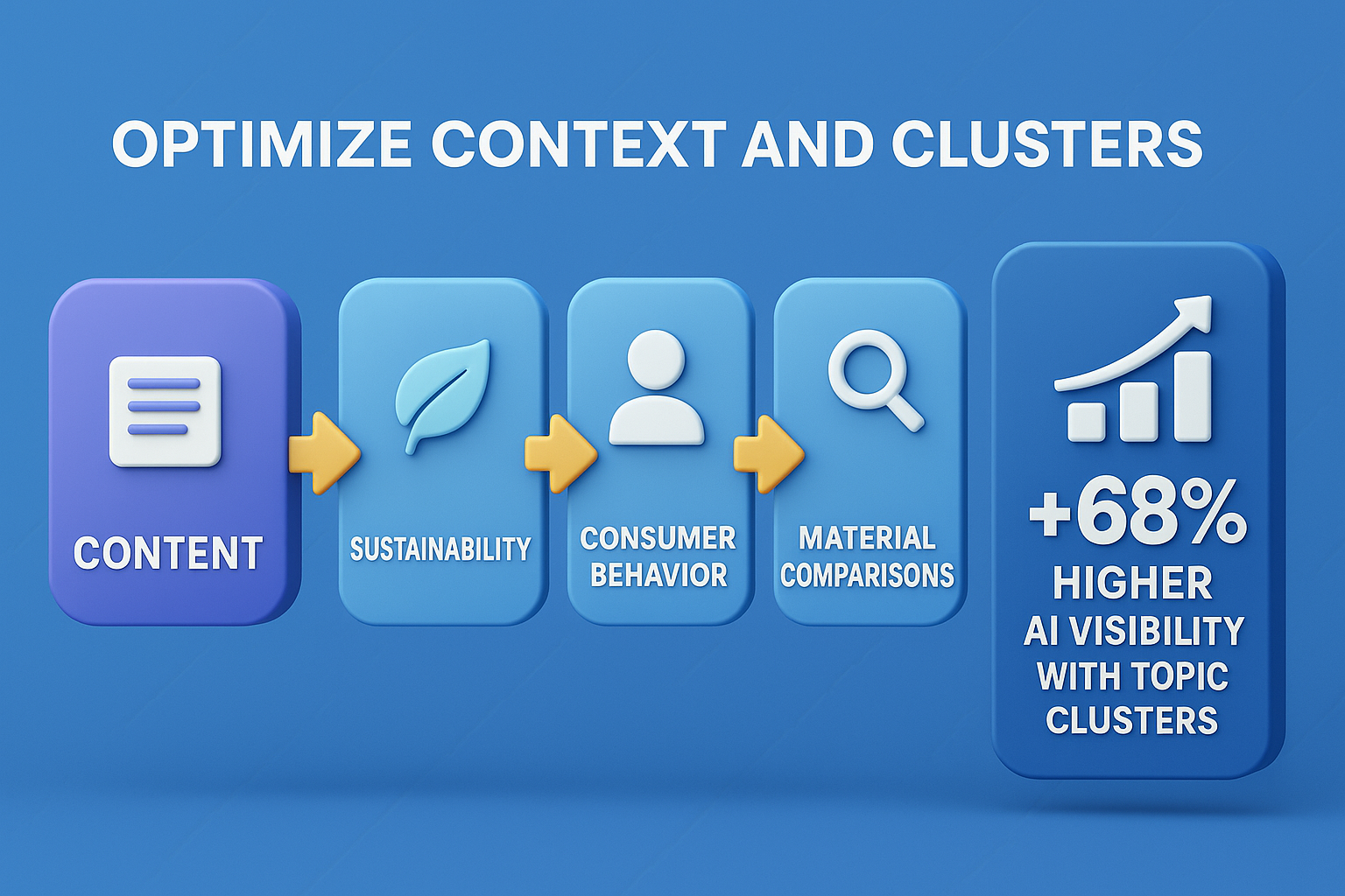 infographic titled Optimize Context and Clusters showing content linked to sustainability, consumer behavior, and material comparisons, with stat +68% higher AI visibility using topic clusters.