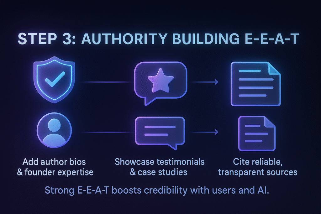 infographic titled Step 3 Authority Building E-E-A-T with icons for bios, testimonials, and reliable sources.