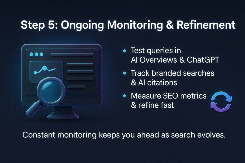 infographic titled Step 5 Ongoing Monitoring & Refinement with icons for testing queries, tracking, and refining.