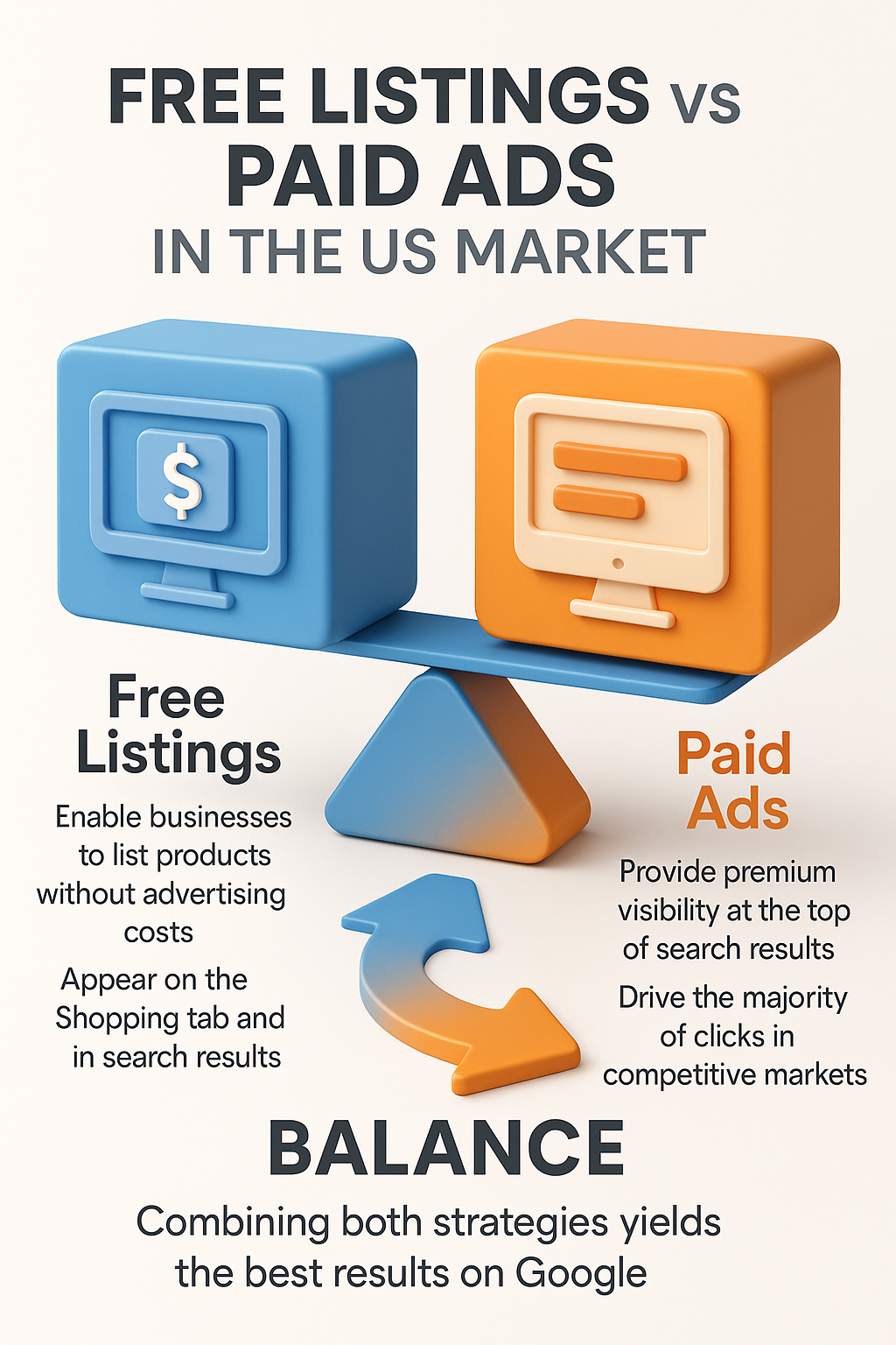 infographic showing Free Listings vs Paid Ads in the US market, highlighting balance strategy for Google Merchant success.