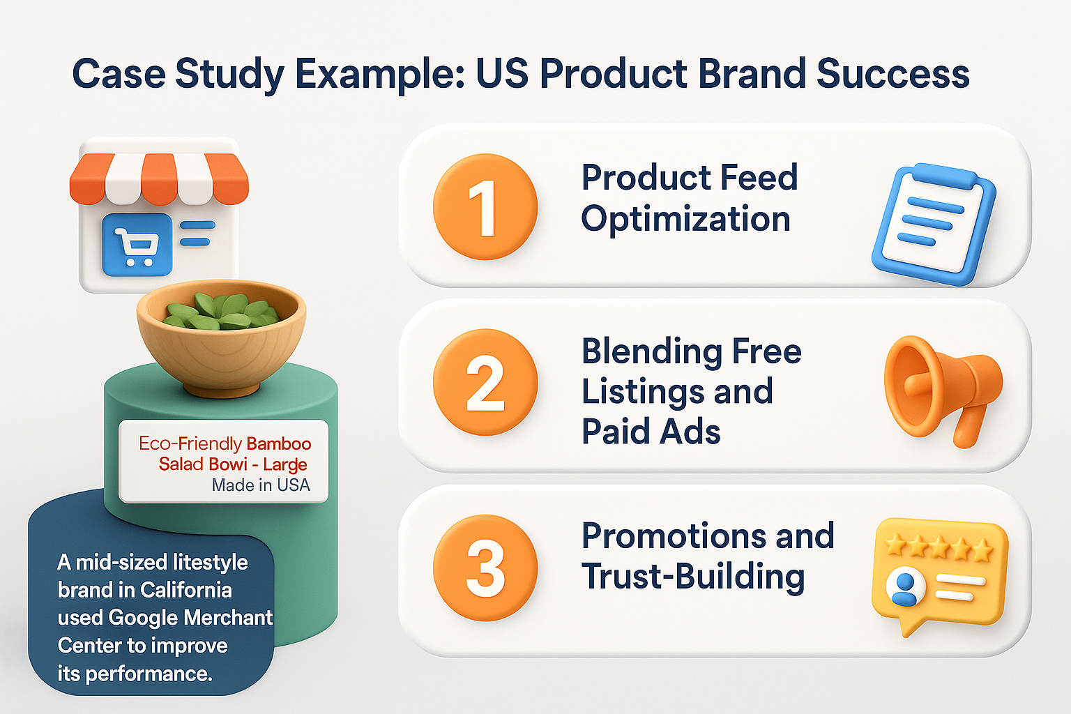 infographic showing a US brand success case study with three steps: product feed optimization, blending free listings and paid ads, and promotions with trust-building.