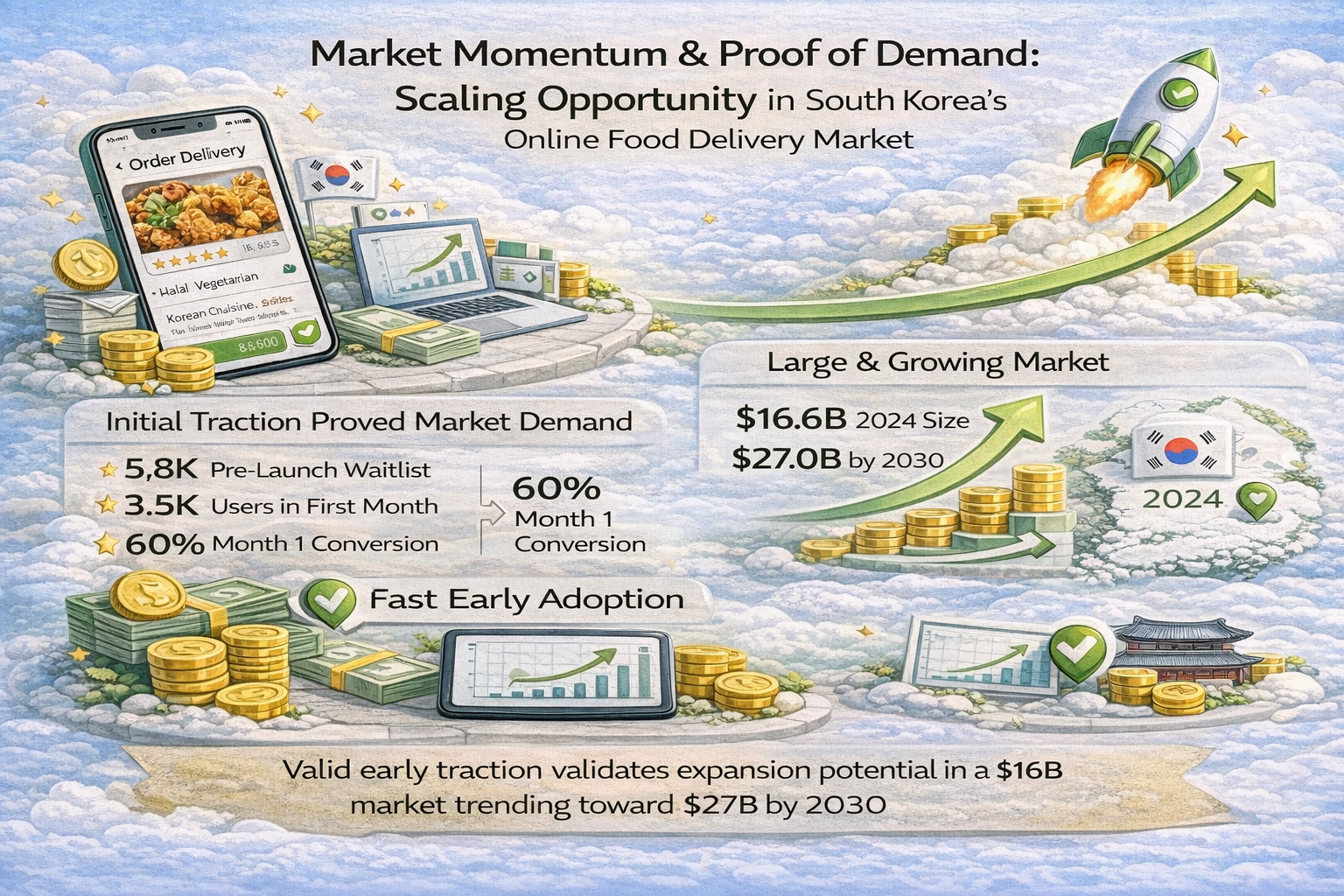 3D infographic showing Korea market momentum 5.8K waitlist, 3.5K month-one users, and food delivery market growth from $16.6B (2024) to $27B (2030)