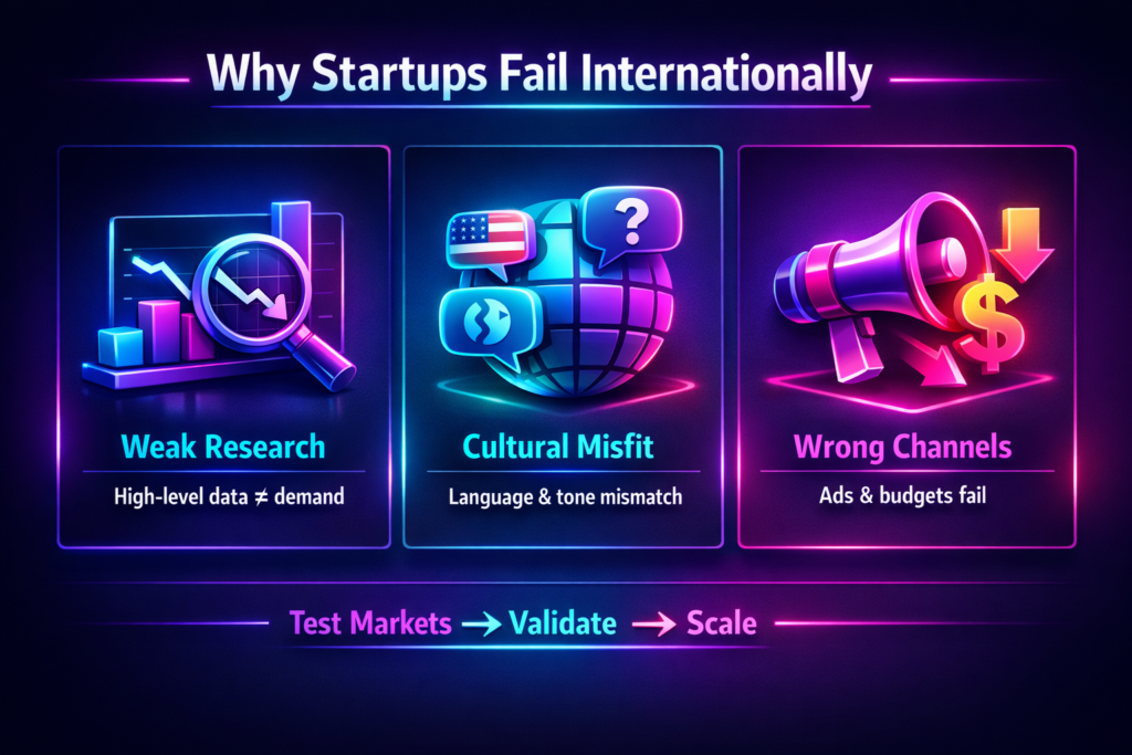 Infographic on why startups fail first international market entry: weak research, cultural misfit, wrong channels, validation steps.