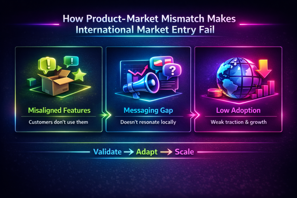 Infographic explaining product-market mismatch in international market entry: misaligned features, messaging gap, low adoption, scale steps