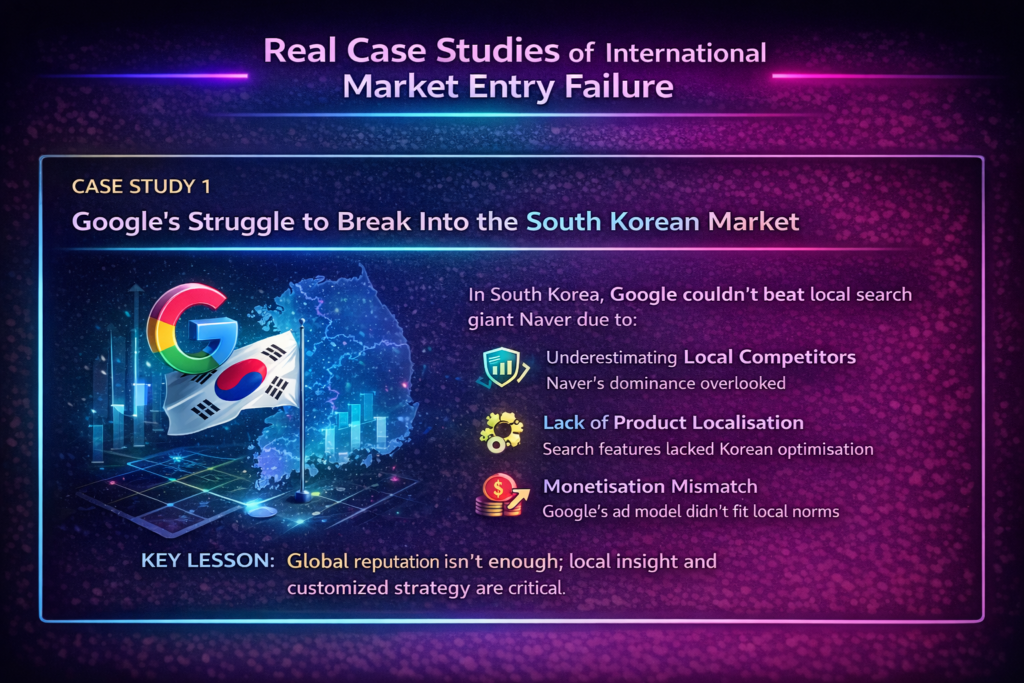 "Infographic showing Google’s failed South Korea market entry, highlighting local competition, lack of product localisation, and ad mismatch.