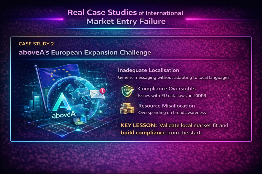 Infographic on aboveA’s EU expansion challenge: weak localisation, GDPR compliance oversights, and resource misallocation; key lesson included