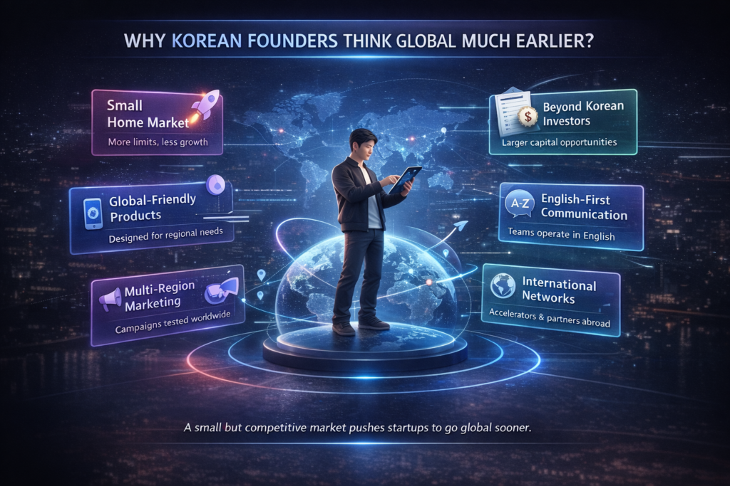 3D infographic explaining why Korean founders think global early, showing market limits, global products, investors, and multi-region marketing.