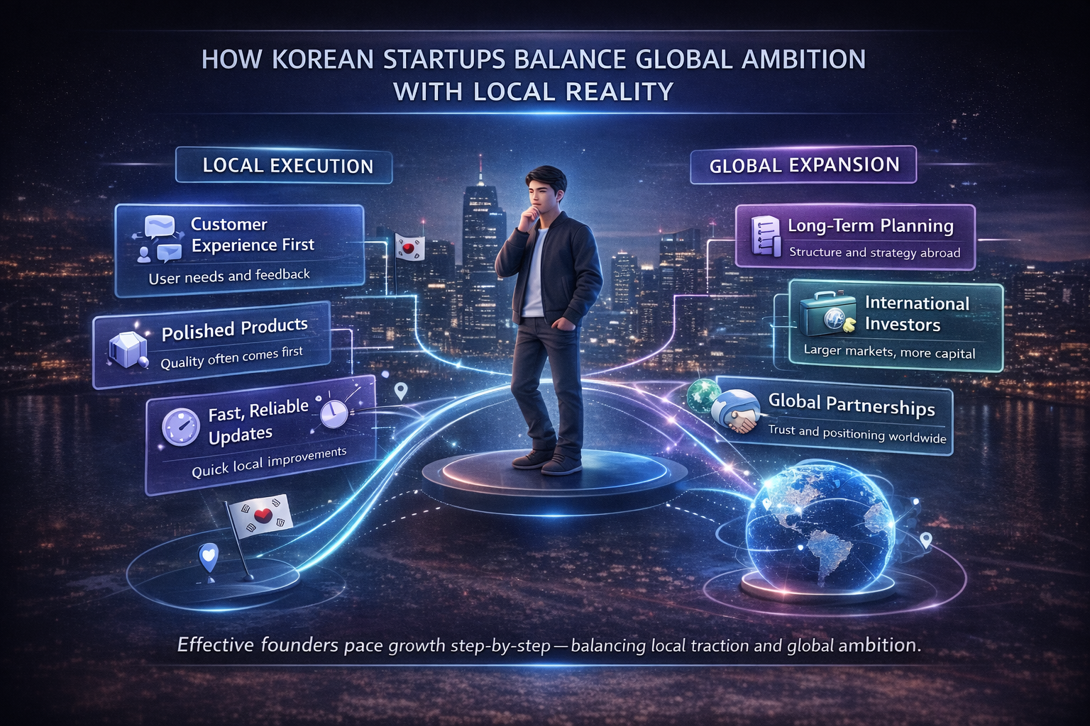 3D infographic showing how Korean startups balance global expansion goals with local execution, customer demands, and team capacity.
