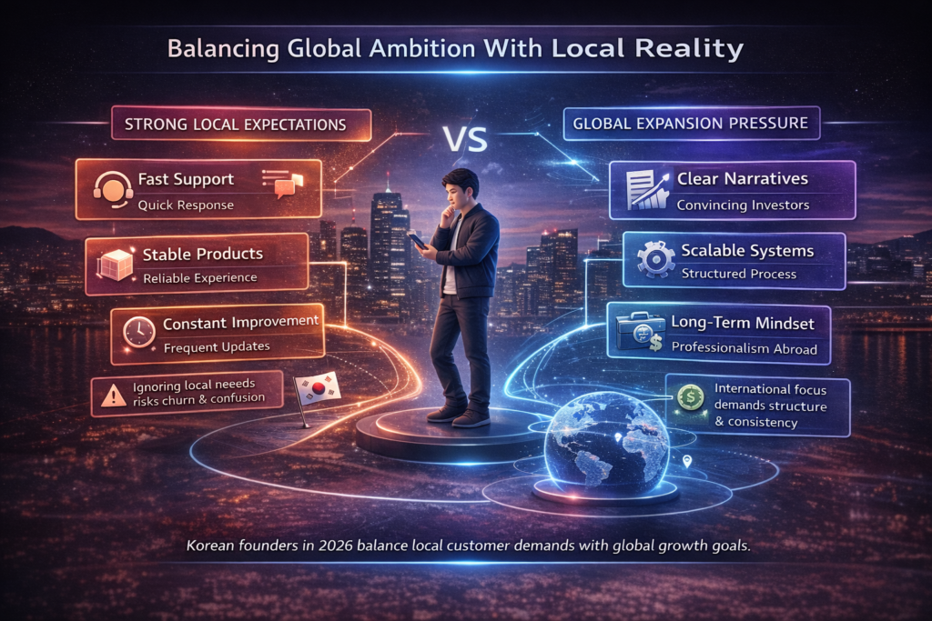 3D infographic comparing local execution demands and global expansion pressures faced by Korean startups balancing growth priorities.