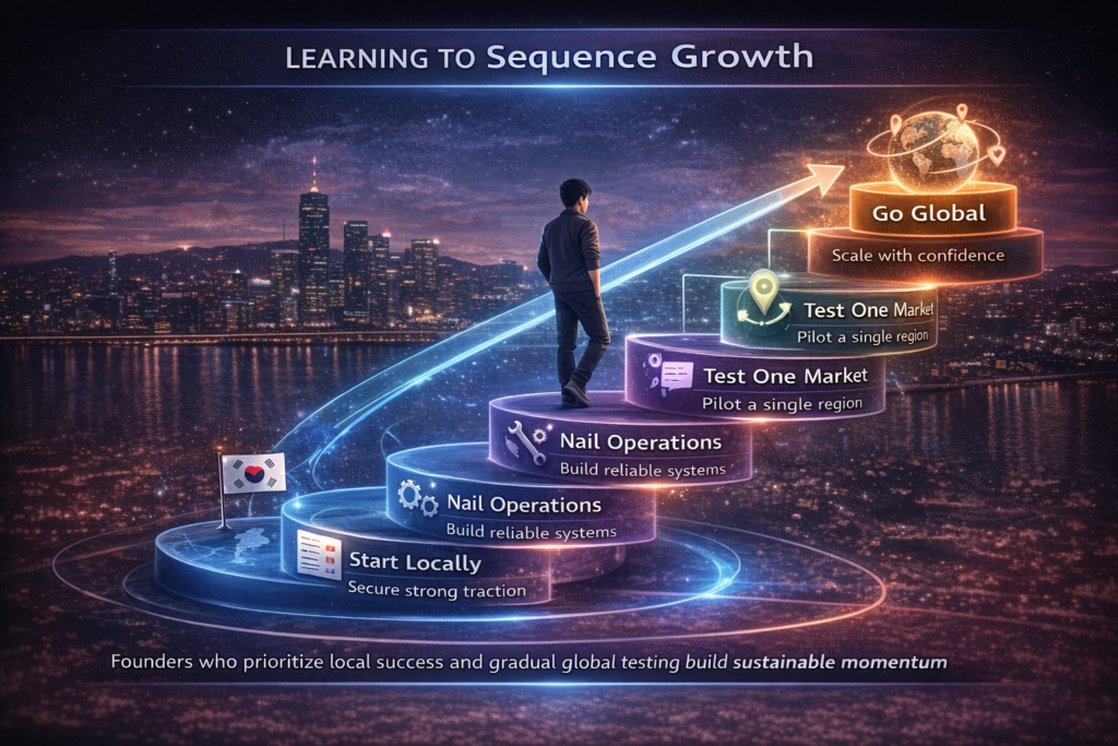 3D infographic showing how startups sequence growth, starting local traction, testing one market at a time, then scaling globally.