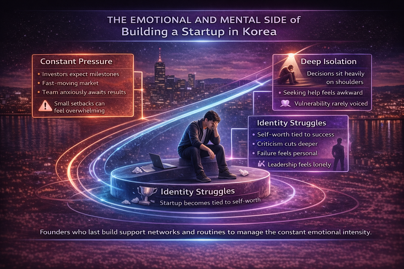 3D infographic showing emotional pressure, isolation, and identity challenges faced by Korean startup founders while building companies.