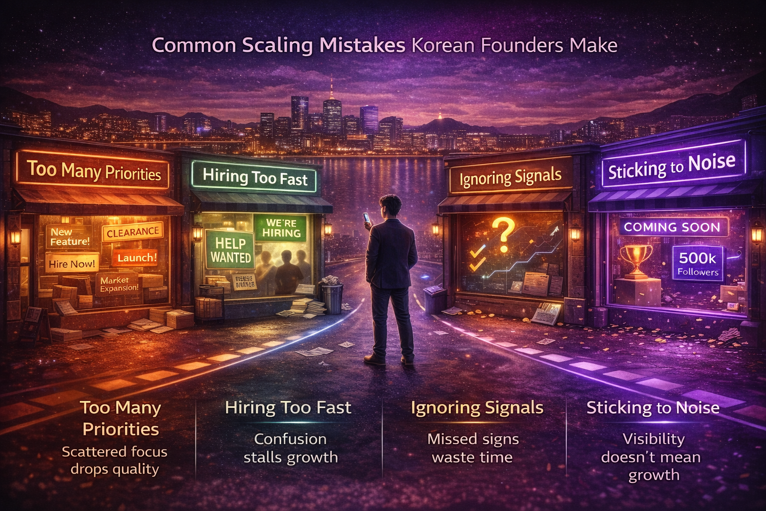 infographic showing common scaling mistakes Korean founders make: too many priorities, hiring too fast, ignoring signals, chasing visibility