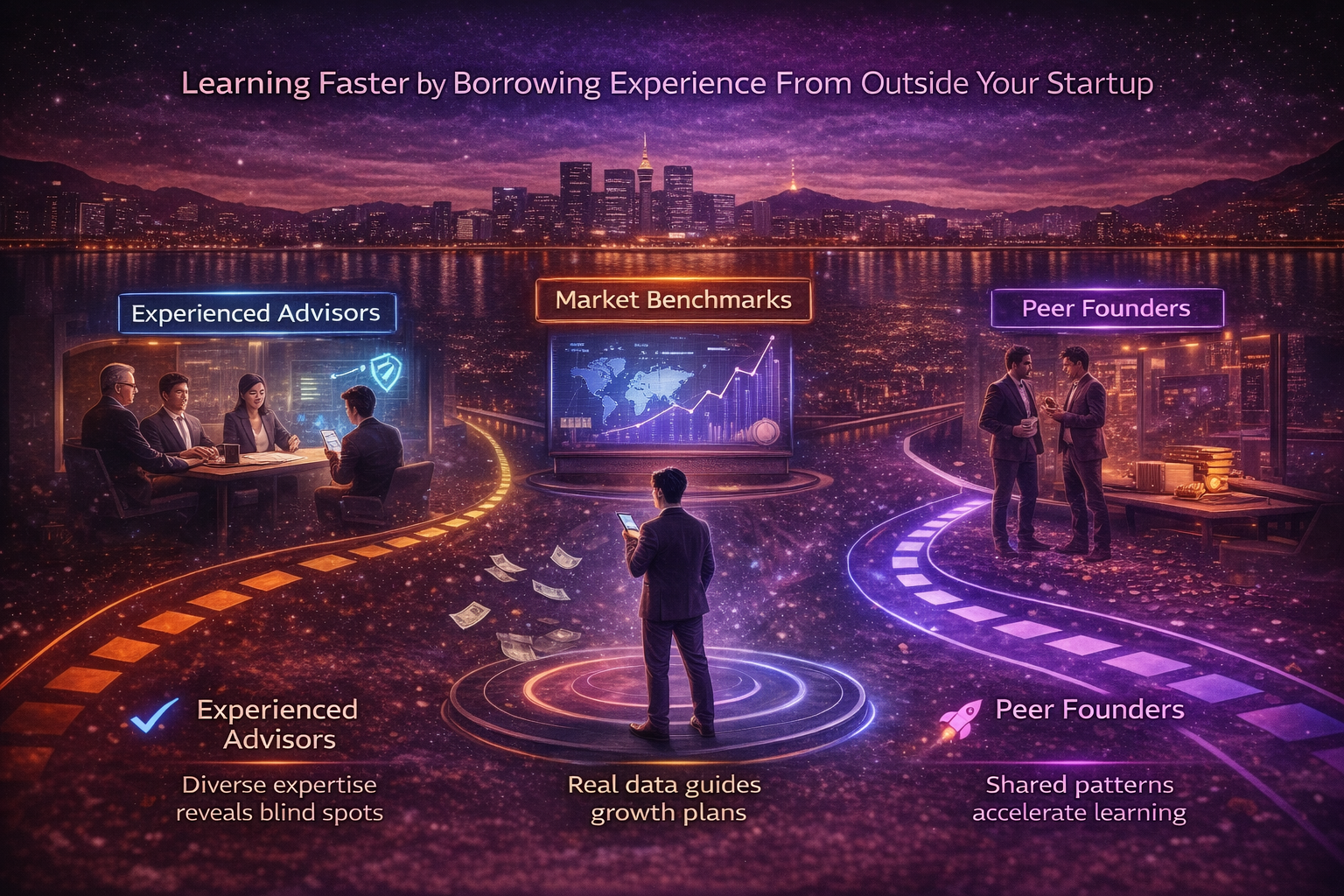 3D infographic showing founders learning faster using advisors, market benchmarks, and peer founders to reduce mistakes and scale.