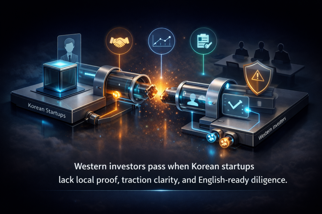 Infographic about why Western investors hesitate on Korean startups: missing local proof, traction clarity, diligence