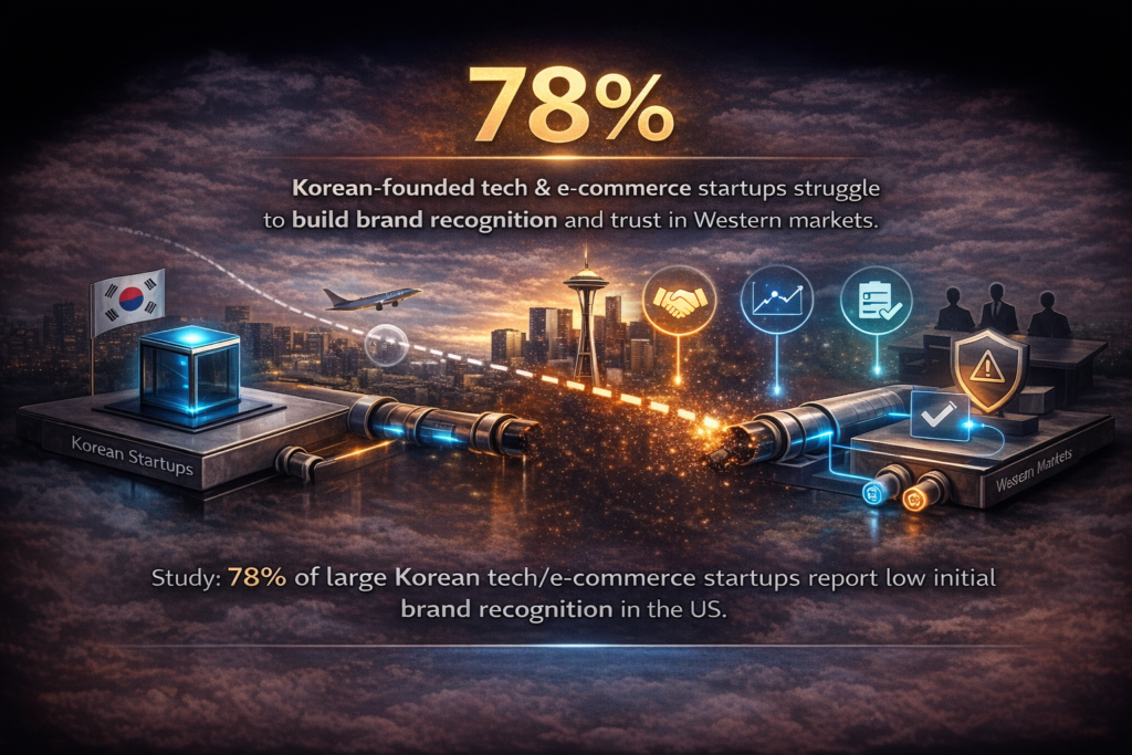 Infographic about trust barriers for Korean startups seeking Western investment, showing key percentages for traction, diligence readiness, and market fit gaps.