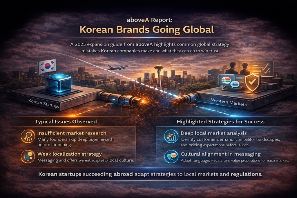 Infographic about aboveA report showing common global expansion mistakes by Korean startups and strategies for building trust in Western markets.