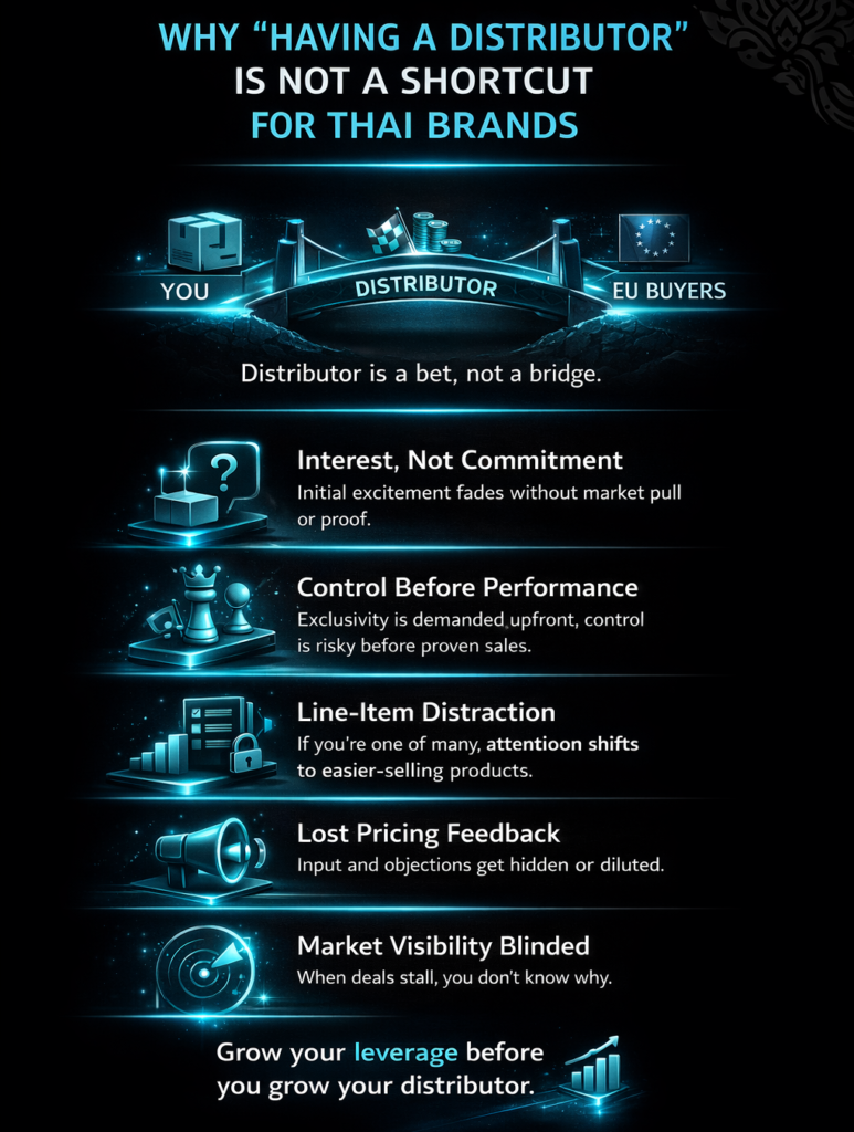 Thai brands expanding to Europe: distributor is a bet, not a bridge—proofs and leverage before partner dependency grows.