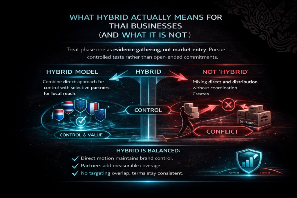 Thai brands expanding to Europe: hybrid means direct control plus selective partners; not uncoordinated direct+distributor mix.