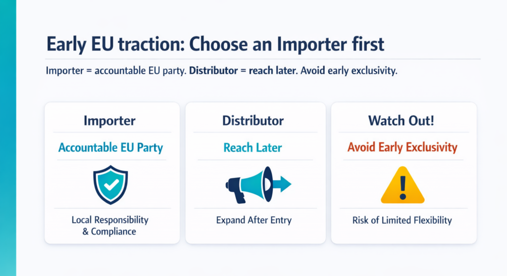 Early EU traction infographic: choose an importer first; importer is accountable EU party, distributor expands reach later; avoid early exclusivity.