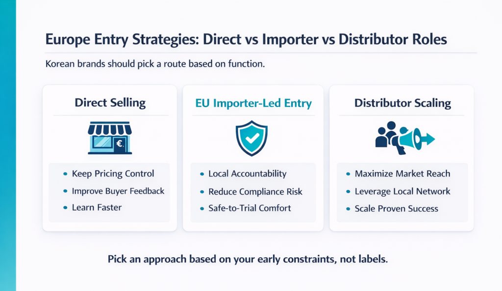 Infographic comparing Europe entry routes for Korean brands: Direct Selling, EU Importer-Led Entry, and Distributor Scaling, with key benefits for each and a reminder to choose by function.