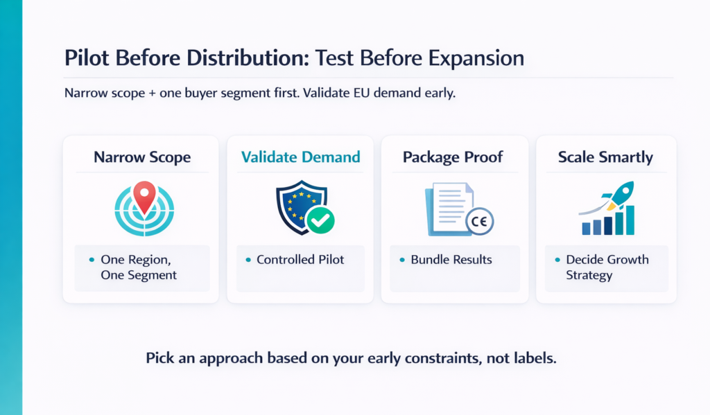 Pilot-first distribution infographic for Korean brands: narrow scope, validate demand, package proof, scale well in EU
