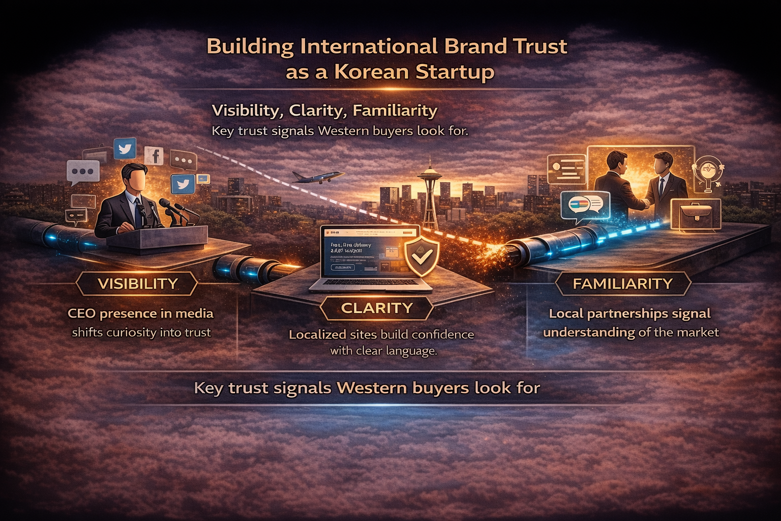 Infographic on international brand trust for Korean startups: visibility, clarity, and familiarity as key signals Western buyers use.