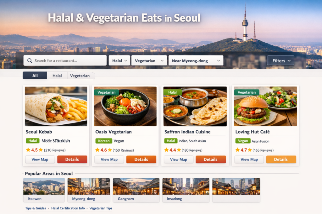 Halal & vegetarian restaurant finder platform for Seoul, showing search filters, category tabs, and featured listings with ratings plus map and details links, in a wide desktop layout.