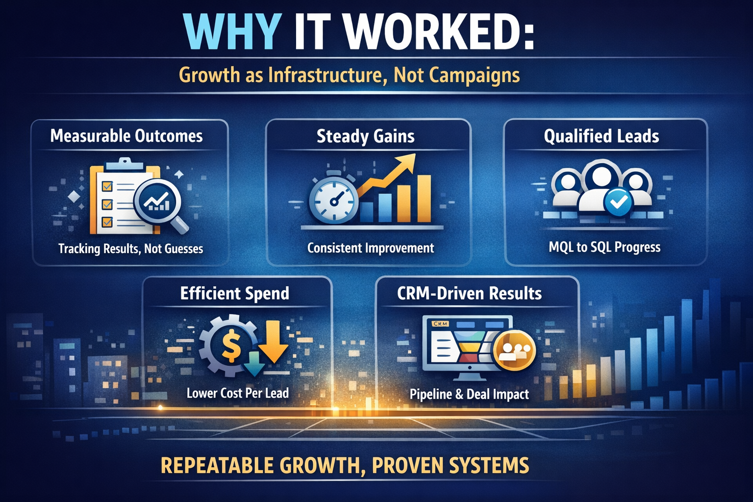 growth as infrastructure—measurable outcomes, steady gains, qualified leads, efficient spend, CRM results.!