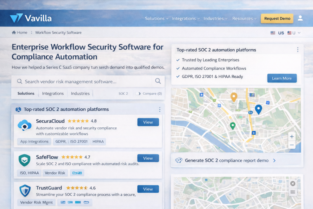 SaaS demand capture diagram showing buyer-intent keywords, page structure rebuild, and reduced cannibalization with better navigation.