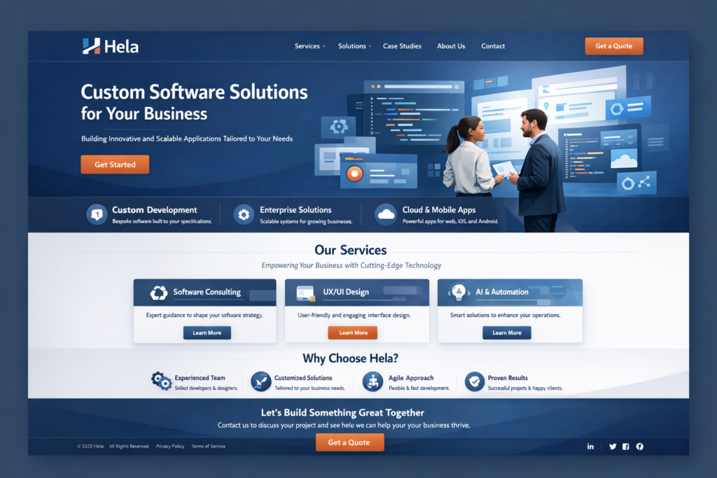 Homepage screenshot of Hela, B2B custom software studio, showcasing services and 'Get a Quote' CTA.!