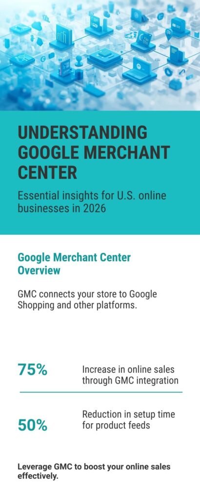 Infographic showing GMC setup, product feed tips, benefits, and results for U.S. online sales in 2026