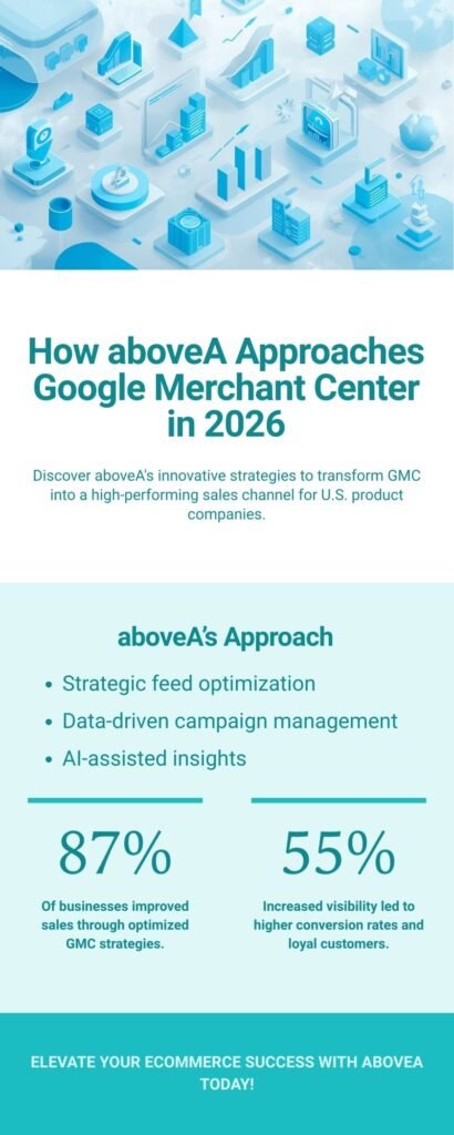 Infographic detailing GMC setup, feed optimization, AI strategies, and how 87% of businesses improved sales