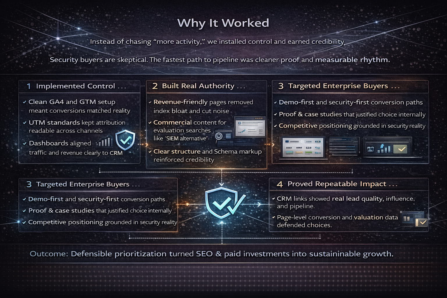 Infographic explaining why cybersecurity SaaS growth worked tracking control, authority pages, enterprise conversion paths, and CRM proof creating repeatable pipeline from SEO and paid search.