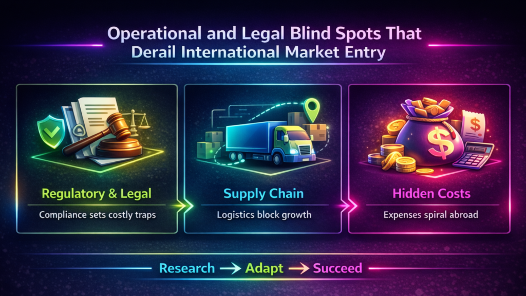 Infographic on operational and legal blind spots in international market entry, covering compliance risks, supply chain issues, and hidden costs