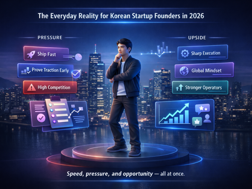 3D infographic showing pressures, decisions, competition, and opportunities faced by Korean startup founders in 2026.