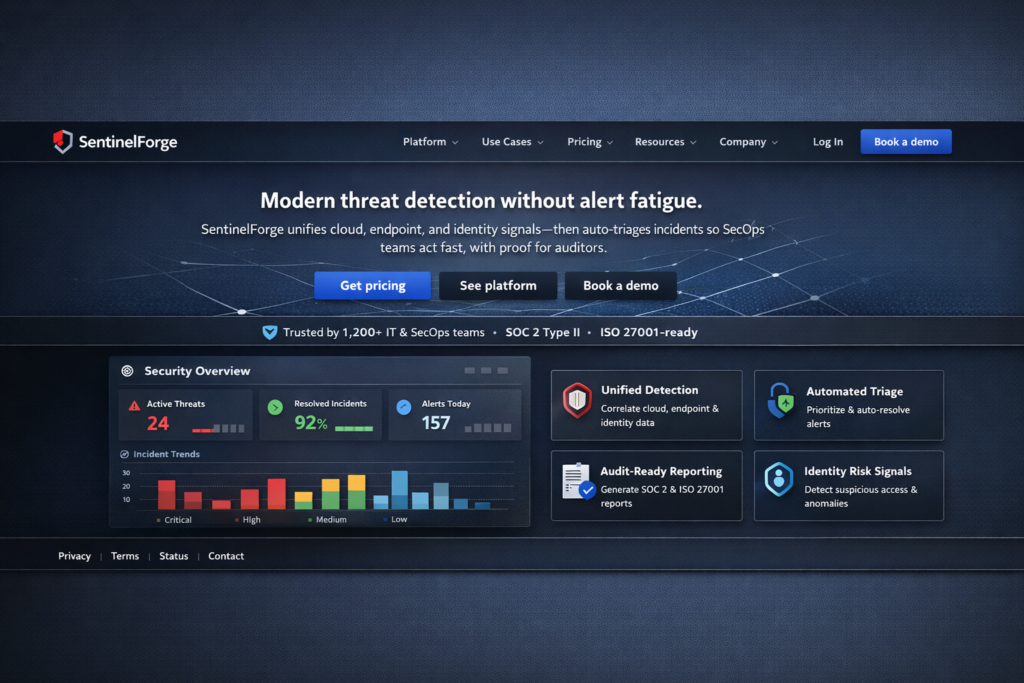 SentinelForge cybersecurity SaaS homepage with threat dashboard, feature cards, and demo pricing CTA buttons in dark UI.