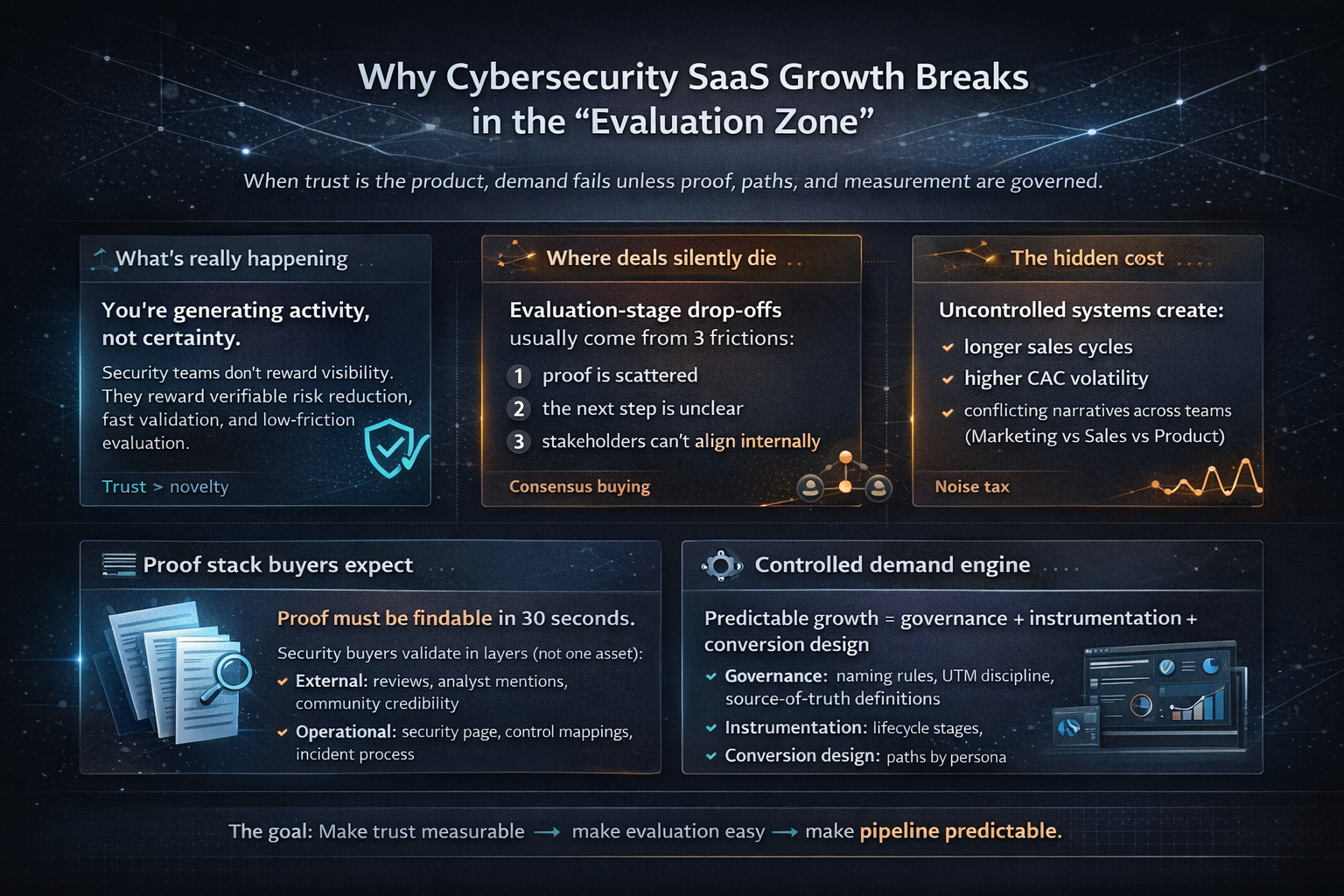cybersecurity SaaS evaluation drop-offs proof gaps, hidden costs, buyer trust stack, and a controlled demand engine.