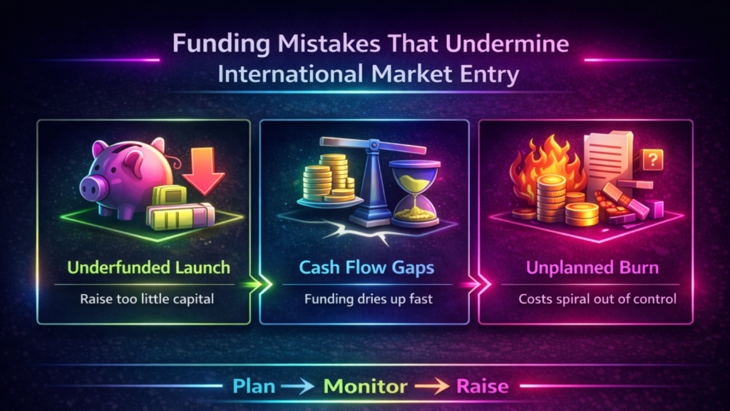 Infographic on funding mistakes in international market entry: underfunded launch, cash flow gaps, unplanned burn; plan, monitor, raise.