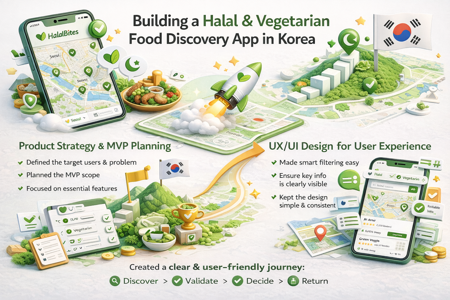 infographic showing MVP strategy and UX design for halal vegetarian food discovery app in Seoul Korea map and filters