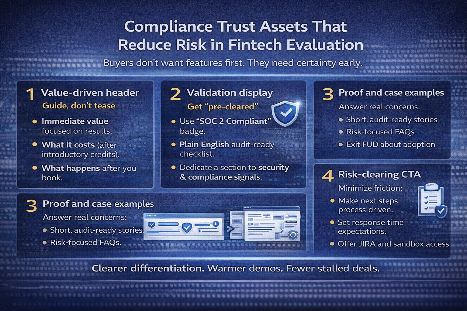 Compliance trust assets infographic for fintech evaluation SOC 2 proof, security checklist, clear implementation steps, case evidence, and “what happens next” guidance that removes buyer risk.