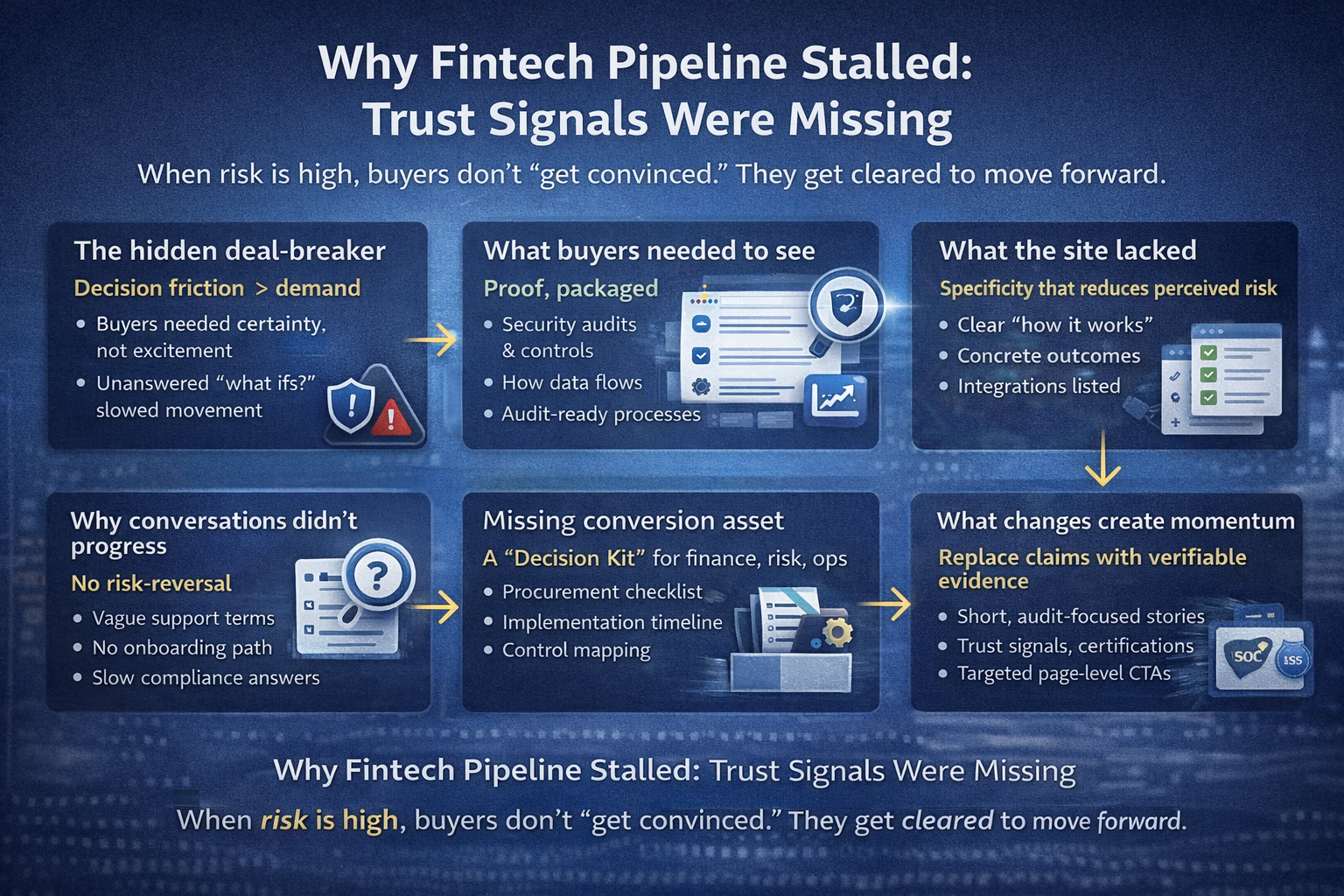 Fintech pipeline stalling missing trust signals, proof assets, risk reversal, and evidence-led CTAs now